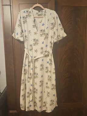 ZARA - Cream Tropical Palm & Starfish Midi Dress